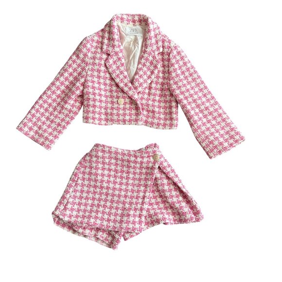 Zara Other - Zara Girls Pink & White Houndstooth Cropped Jacket & Skort Set Size 7